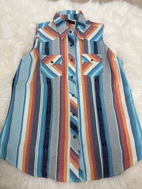 Sleeveless Striped Button-Down Shirt - Blue Multi
